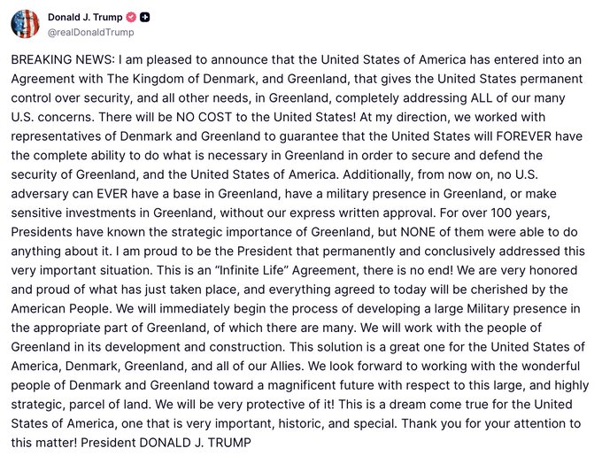 A social media post from Donald J. Trump (@realDonaldTrump) announcing a 'BREAKING NEWS' agreement giving the United States permanent control over security in Greenland.