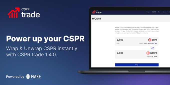 In the image, there's an open laptop that displays information about Trade, specifically a website offering a service for users to easily access CSPR trade data. The screen shows a user interface with text and icons related to the Trade website. In addition, the image also includes text providing details of how to utilize the Wrapping & Unwrapping feature on Trade using CSPR 1.4.0. The overall visual content seems to be focused on promoting the Trade website's capabilities.