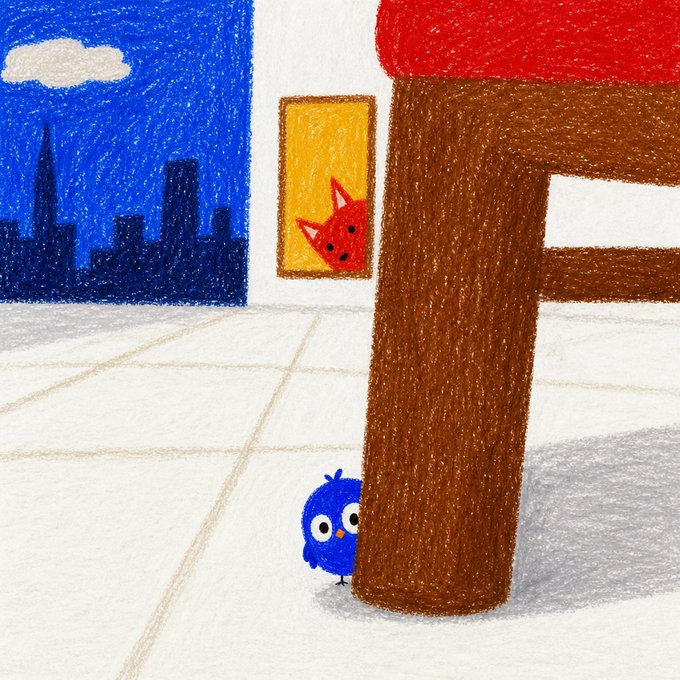 A small blue bird character peeks cautiously from behind a wooden table leg, while a red fox-like figure watches from a yellow-framed window against a blue city skyline background—depicting a playful "cat-and-mouse" hide-and-seek scene fitting the "Robin and Hood" NFT collection.

There is no visible text, numbers, ticker symbols, or names in the image itself.