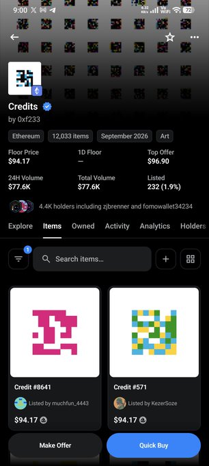 The image shows an OpenSea marketplace listing for the "Credits" NFT collection by 0xf233, featuring 12,033 items with a floor price of $94.17 and total volume of $77.6K, alongside example items like "Credit #8641" and "Credit #571." The accompanying post about Jack Butcher's NFT collection references this market, suggesting the image illustrates the platform where such NFTs are traded.