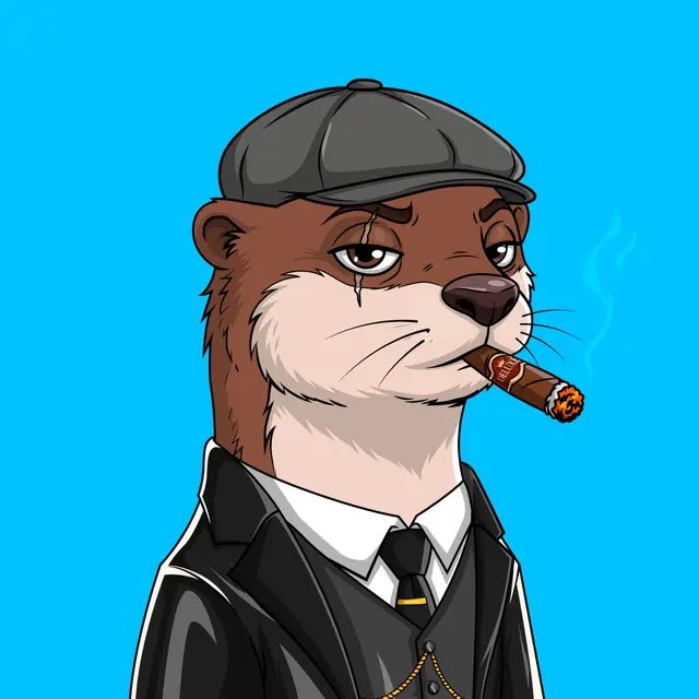 A cartoon otter dressed in a black suit, tie, and gray flat cap smokes a cigar, with a scar across its eye, set against a bright blue background.