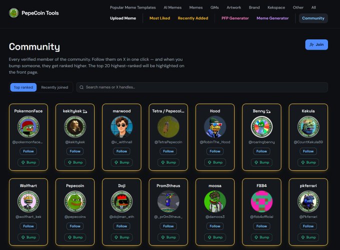 The Community page of PepeCoin Tools showing top-ranked meme creators including PokemonFace, kekittykek, marwood, and Kekula, with Follow and Bump options.