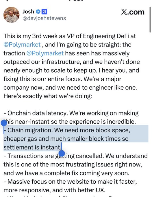The image shows a tweet from Josh, VP of Engineering DeFi at Polymarket, detailing infrastructure challenges and upcoming improvements like chain migration. This relates to the post by questioning the hype around Polymarket needing its own chain three months prior, given their current focus on scaling infrastructure.