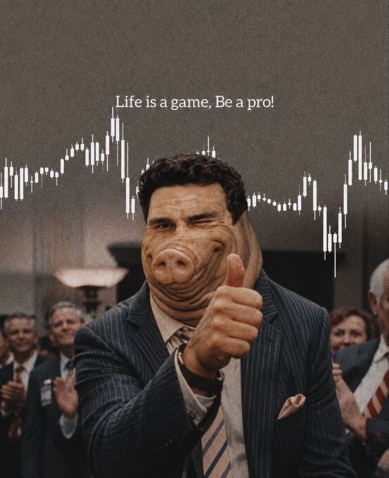 The image features a man in a pinstripe suit giving a thumbs-up, but with a surreal pig-like face, set against a backdrop of stock market candlestick charts and the text "Life is a game, Be a pro!" The post ties this imagery to $BOAR, framing the meme as a symbol of disciplined conviction and community-driven value, suggesting that playing the crypto "game" like a pro means building with purpose rather than ego.