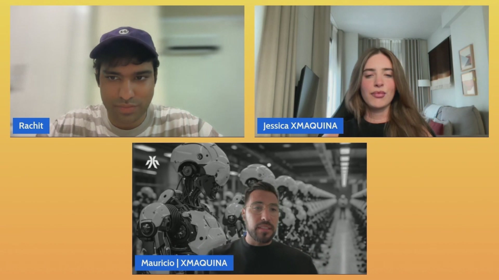 The image shows a group of three people sitting behind a desk, with two of them wearing hats and one person not wearing a hat. The background features a yellow wall that has the text "DEUS is live on @Solana via Sunrise". This suggests that the image might be related to a live stream or video call featuring these individuals in front of a yellow wall.