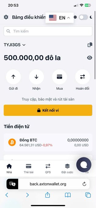 Screenshot of a Vietnamese-language crypto wallet dashboard showing a balance of 500,000.00 VND, Bitcoin price at $64,561.31 (-0.97%), and a yellow 'Kết nối ví' (connect wallet) button.
