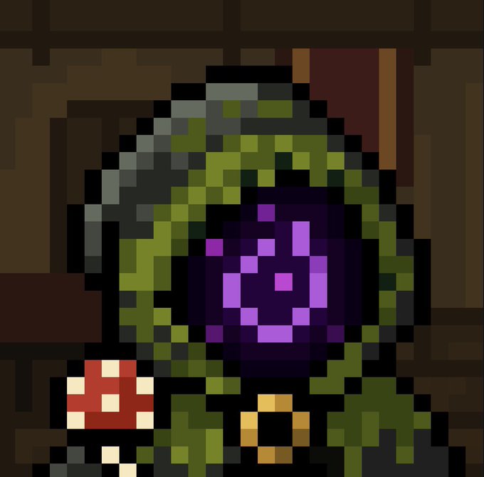 A pixel art image depicts a figure in a green hooded cloak holding a glowing purple orb with a happy face, standing in a dimly lit room with a red dice in hand, fitting the celebratory tone of the post about being a "$STONKBROKER."