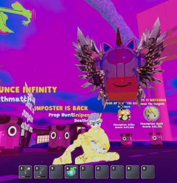 A screenshot from the Roblox game "Bounce Infinity" showing a character with a unicorn head in a vibrant pink and purple environment, with text including "IMPOSTER IS BACK," "Prop Hunt Sniper Death," and "Chainsaw Man sonic.exe."