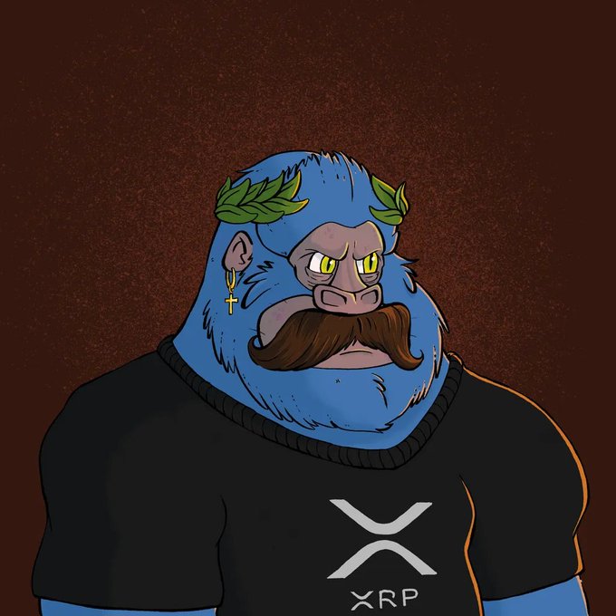 A cartoon illustration of a blue gorilla-like character with a brown mustache and gold cross earring wearing a black t-shirt featuring the XRP logo.