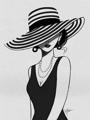 A black and white fashion illustration shows a stylish woman wearing a wide-brimmed striped hat, hoop earrings, a pearl necklace, and a black dress.