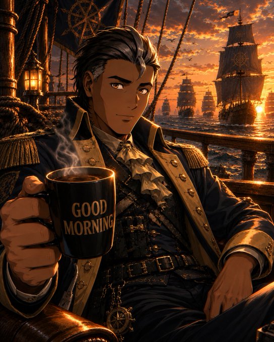 An anime-style pirate captain with dark hair holds a steaming mug labeled 'GOOD MORNING' aboard his ship, with sailing vessels visible on the ocean at sunset.