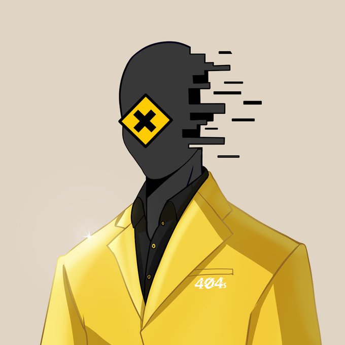 A digital illustration of a faceless figure wearing a bright yellow blazer over a black shirt, with a glitching effect dissolving the right side of their dark head into pixelated streaks, a yellow diamond bearing a black "X" on the face, and the text "404s" embroidered on the chest—aligning with the post's "sneak peak" teaser of a gold suit for the "404" brand or character.