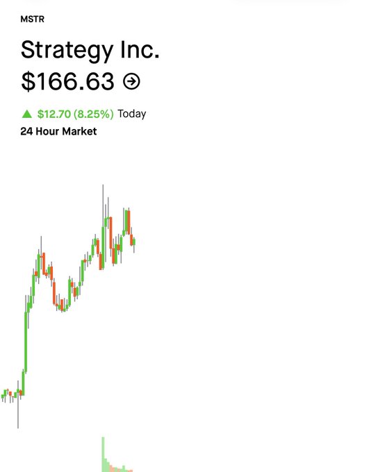 A financial chart showing MSTR (Strategy Inc.) stock at $166.63, up $12.70 (8.25%) Today, displayed as a 24-hour candlestick market chart.