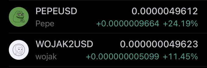 A cryptocurrency price tracker displays PEPEUSD (Pepe) at 0.0000049612, up 24.19%, and WOJAK2USD at 0.0000049623, up 11.45%—remarkably similar prices that humorously support the post's observation about these two meme coins trading at nearly identical values.