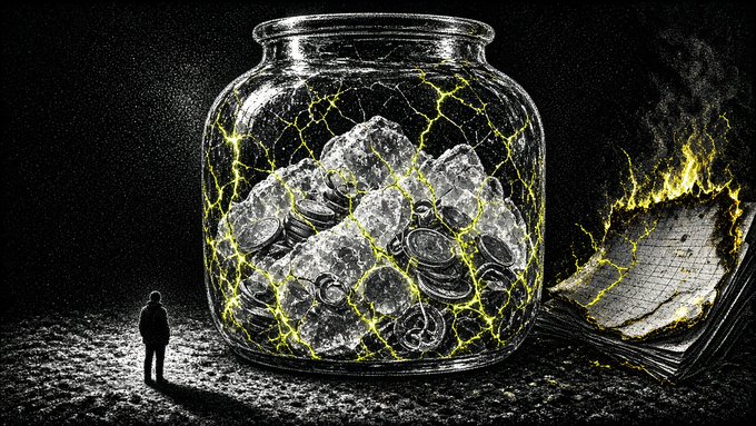 A surreal dark artwork featuring a giant glass jar filled with cracked ice and coins, glowing with yellow-green crackling energy, observed by a small silhouetted figure, with a burning book nearby.