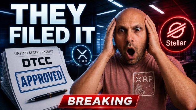 The image features a man with his hands over his head, looking surprised or shocked. The background of the image includes a stack of papers and a sign that says "They filed it", as well as two logos - one for the United States Patent Office (USPO) and another for Ripple Cryptocurrency. The text in the image reads: "THEY Filed It Approved $XRP". This suggests that there is some sort of market update or news related to the patents, XRP, and the cryptocurrency industry.