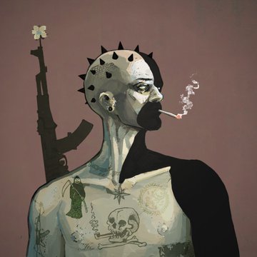 A stylized illustration shows a shirtless man with a spiked, hairless head, smoking a cigarette, his torso covered in tattoos including a skull, bomb, and cross motifs, with a rifle and shamrock positioned behind him against a muted reddish-brown background. The gritty, defiant portrait visually echoes the post's themes of steadfast conviction and unwavering resolve, framing the subject as a bold figure who embodies the "builders who do not flinch" referenced in the message about Sherwood.