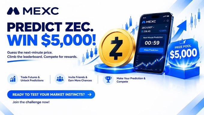 A promotional banner for MEXC reads 'PREDICT ZEC. WIN $5,000!' featuring a gold Z coin, a smartphone displaying 'ZEC/USDT' prediction interface, and a prize pool of $5,000.