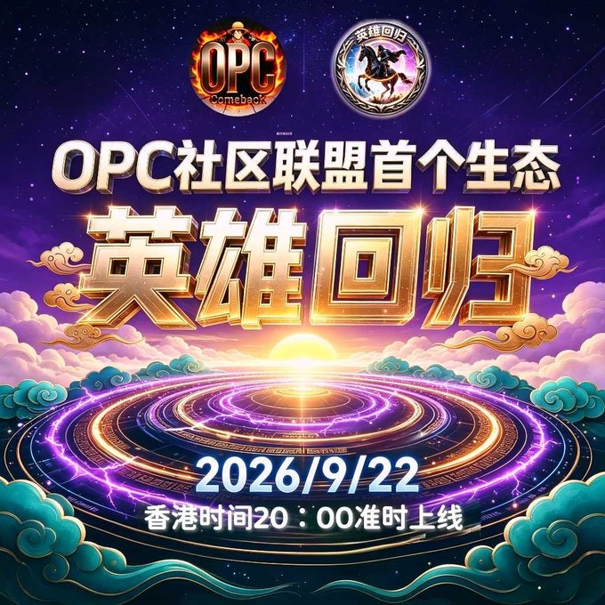 A Chinese promotional poster with the date '2026/9/22' and '20:00' Hong Kong Time launch, featuring 'OPC社区联盟首个生态' and '英雄回归' text.