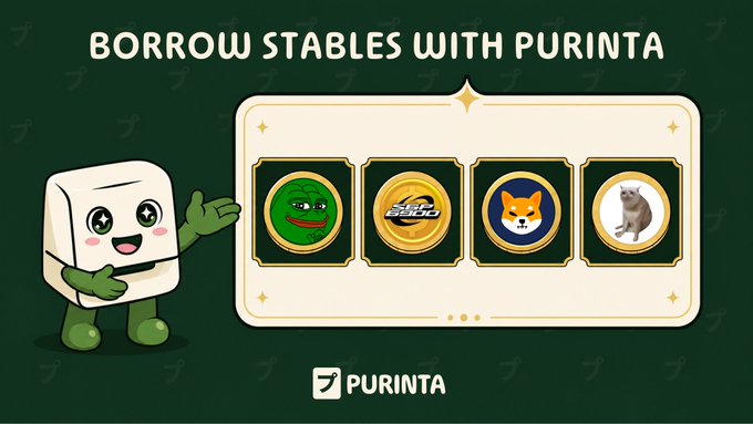 The image features a promotional graphic for Purinta with the headline "BORROW STABLES WITH PURINTA," showing a cute mascot character gesturing toward four circular coins representing memecoins $PEPE, $SHIB, $CASHCAT, and $SPX6900. The graphic visually reinforces the post's message that these popular memecoins are available as collateral for borrowing stablecoins on the Purinta platform at app.purinta.xyz.