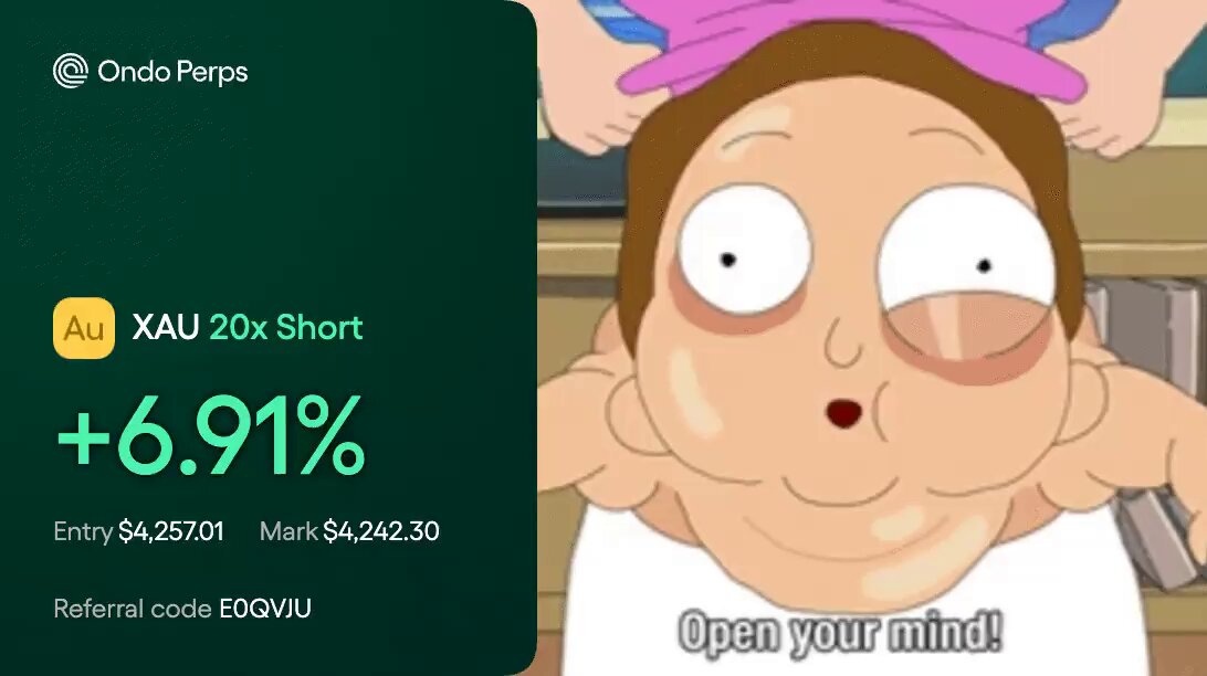The image features a cartoon character with a pink shirt, sitting down and looking at the camera. The text "Open your mind!" is written above the character's head. The background of the image is green, and there are two posts on social media visible in the top left corner - one for XAUX and another for OndoPerps.
