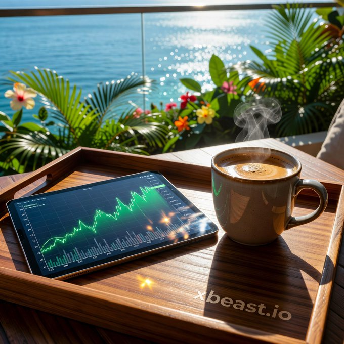 A wooden tray on a balcony holds a steaming cup of coffee and a tablet displaying a green upward-trending stock chart, set against a tropical ocean view with flowers and palm leaves.