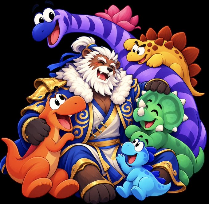 A cartoon illustration featuring a bearded anthropomorphic red panda warrior in blue and gold samurai-style robes surrounded by friendly cartoon dinosaurs including a purple sauropod, orange theropod, green triceratops, blue dinosaur, and yellow stegosaurus