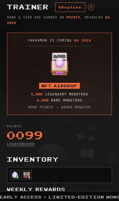 A digital dashboard from 'YAKKAMON' showing 'TRAINER @Neptune' rank details, announcing a Q4 2026 NFT airdrop of 1,000 legendary and 4,000 rare monsters, with current points at 0099.