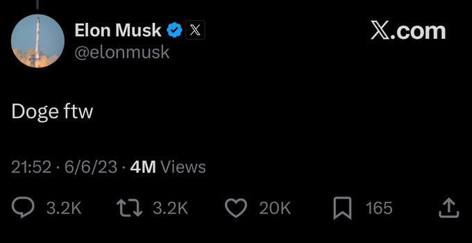A screenshot of a tweet from Elon Musk (@elonmusk) with a blue checkmark and X badge, reading 'Doge ftw', posted on 6/6/23 at 21:52 with 4M views.