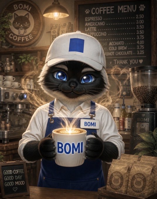 An AI-generated illustration of a Siamese cat wearing a white cap and blue apron, serving a latte from a 'BOMI COFFEE' shop, with a menu listing espresso, americano, latte, and cappuccino prices.
