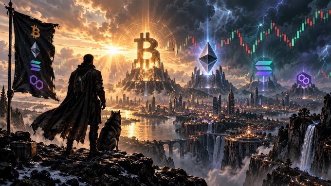 A fantasy digital artwork depicting a cloaked figure standing with a wolf companion, overlooking a majestic landscape featuring a glowing Bitcoin monument, Ethereum and Solana logos, cryptocurrency trading charts, and waterfalls.