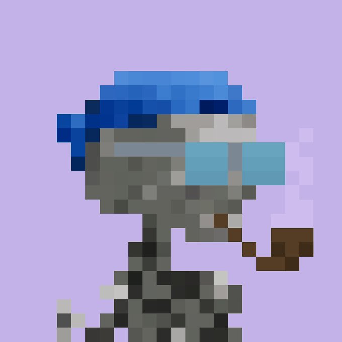 A pixel art character wearing a blue helmet with a glowing cyan visor, depicted against a light purple background.