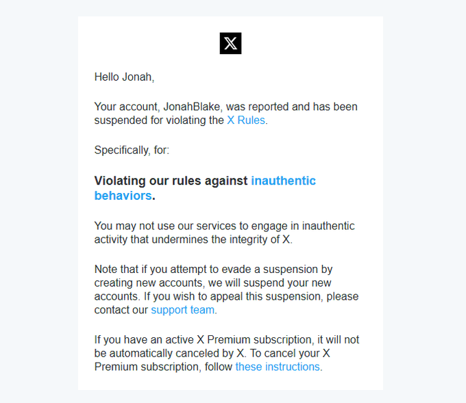 An email notification from X informing user "Jonah" that the account "JonahBlake" has been suspended for violating rules against inauthentic behaviors. The accompanying post explains the suspension occurred after exposing accounts allegedly misrepresenting someone as a criminal, requesting X Safety to investigate the misuse.