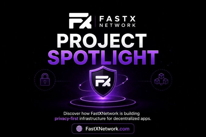 A promotional graphic for "FastX Network" featuring a "Project Spotlight" banner with a central shield logo flanked by lock and cube icons, emphasizing privacy-first infrastructure for decentralized apps, with the tagline highlighting how FastXNetwork is building secure decentralized app infrastructure and a link to FastXNetwork.com.