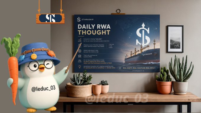 A 3D-rendered penguin mascot wearing a blue hat and holding a carrot, standing beside a presentation board titled "ETHRASHIP DAILY RWA THOUGHT" displaying a ship graphic and text, with the handle "@leduc_03" visible on the penguin's belly.