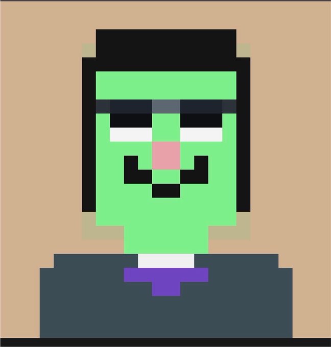 A pixel-art portrait of a green-skinned figure with long black hair, a mustache, and a wide grin wearing a dark suit with a purple tie, stylized as a JPEG character. The image humorously personifies a crypto token mascot, tying into the post's announcement of "$STONKBROKER" as the new "alpha" main character in "JPEG town" rallying against a "monkey" (likely a nod to Bored Ape-style NFT collections).