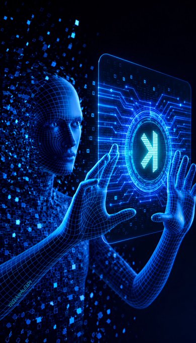 We need to write a concise 1-2 sentence caption describing what is in the image, include any key text, numbers, tickers, names visible. The image shows a wireframe human figure interacting with a holographic interface, blue neon, circuit board pattern, a symbol (maybe a K or arrow) inside a circle. There's a watermark "Toccata | Kaspa" visible on the left arm. Also there is a hashtag "#kaspa" maybe not visible but we have the post text. The image likely includes the "Toccata | Kaspa" text. Also maybe a number? Not obvious. The key text visible: "Toccata | Kaspa". Also maybe the symbol is a "K" with an arrow? The image shows a stylized "K" inside a circle, which matches Kaspa (KAS). So caption: "A blue wireframe figure reaches toward a glowing holographic panel displaying a circuit‑styled '