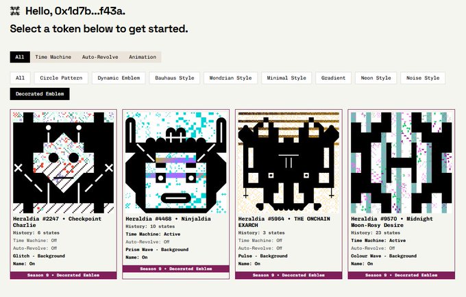A web interface titled 'Hello, 0x1d7b...f43a. Select a token below to get started.' displaying four 'Decorated Emblems' NFT listings labeled 'Checkpoint Charlie', 'Ninjaldia', 'THE ONCHAIN EXARCHY', and 'Midnight Moon-Rosy Desire'.