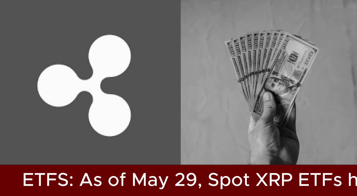The image shows a hand holding up some cash and a sign that says "spot $XRP ETFs hit $120,000,00 net inflows in May" with five Ripple Cryptocurrency symbols below. The text indicates that the spot value of Ripple currency has increased by $120,000, and it is worth more than its previous day. It seems like there's a positive trend for Ripple cryptocurrency, as seen in the image.