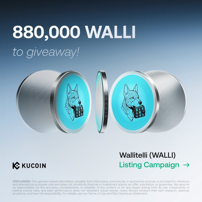 The image features a poster for Wallitelli (Walli) that includes two coins with a dog face design, one of which has its head cut off. The text on the poster announces an 80,000 Walli Walli campaign, where participants can win either a gem slot or a learning session in exchange for their participation.
