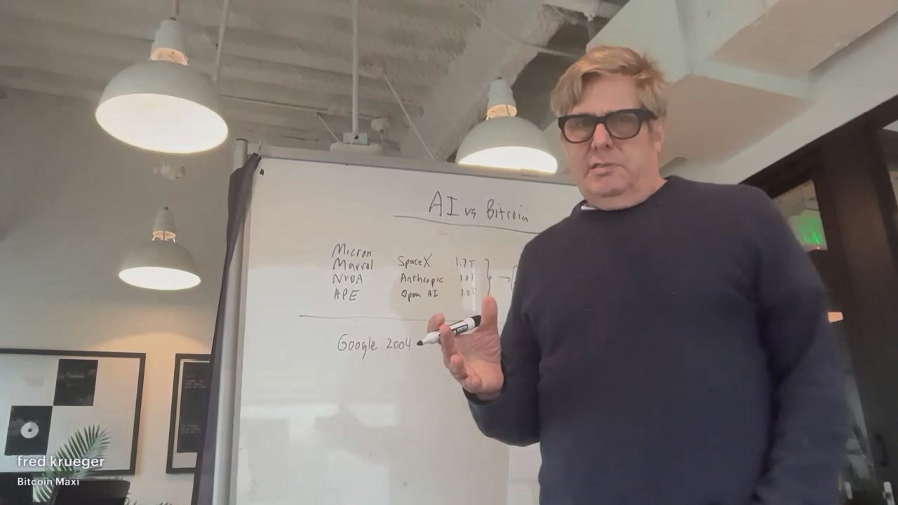 The image features a man wearing glasses, standing in front of a whiteboard with black text that reads "AI vs Bitcoin". He appears to be giving a presentation or lecture about this topic. The setting seems to be an office environment, as there are multiple pendant lights hanging from the ceiling above him and other objects like chairs and desks can also be seen in the background.