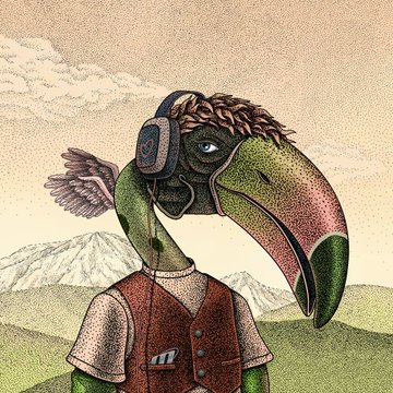 The image depicts a stylized anthropomorphic bird character with a large green and pink beak, wearing headphones with a small bird perched on its shoulder, and a brown vest set against a mountainous landscape. It appears to be promotional artwork for the "gBeaks" NFT collection, showcasing the character that represents the digital art pieces mentioned in the post, which celebrated three sales totaling approximately 2.05 ETH over two days.