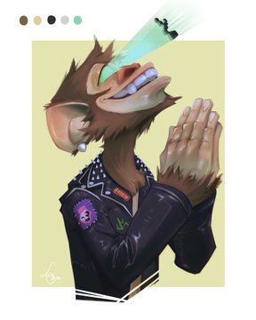 A digital illustration of a furry character with a mohawk shooting a green energy beam from their mouth, wearing a black leather jacket with patches, shown with hands clasped in a praying gesture.
