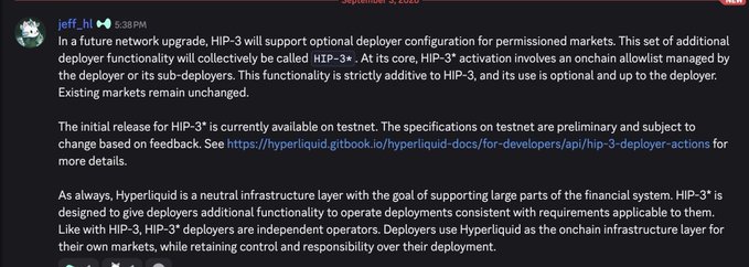 A Discord post by “jeff_h” announces Hyperliquid’s HIP-3 upgrade, adding permissionless deployers and an onchain allowlist managed by core contributors. The post says the testnet release is available now and links developers to HIP-3 deployment-action documentation, relating to the accompanying “HIP-3 USA $HYPE Hyperliquid” topic.
