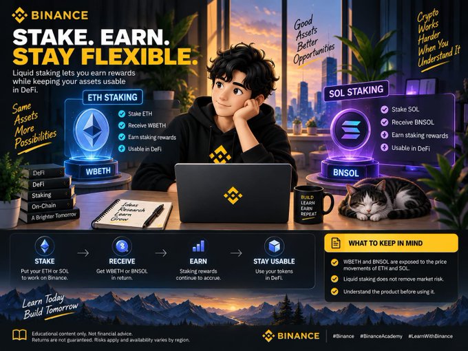 The image is a Binance promotional graphic titled "STAKE. EARN. STAY FLEXIBLE." highlighting liquid staking options for ETH (returning WBETH) and SOL (returning BNSOL), showing a person at a laptop with a cat, alongside a 4-step process (Stake → Receive → Earn → Stay Usable) and a "What to Keep in Mind" section noting price movements and product understanding.

The post complements this by explaining the value of liquid staking—how users can earn staking rewards while still retaining usable token representations (WBETH for staked ETH, BNSOL for staked SOL), directly tying into the graphic's central message of flexibility.