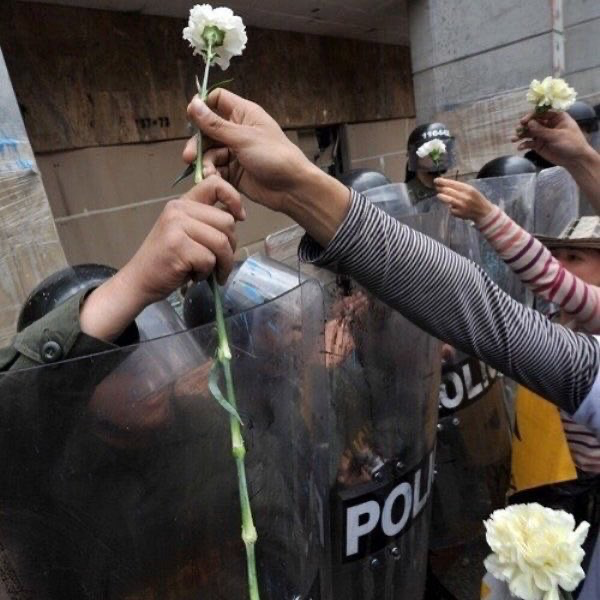 Protesters offering white flowers to riot police who are holding up clear shields labeled "POLICE" in front of a stone wall.