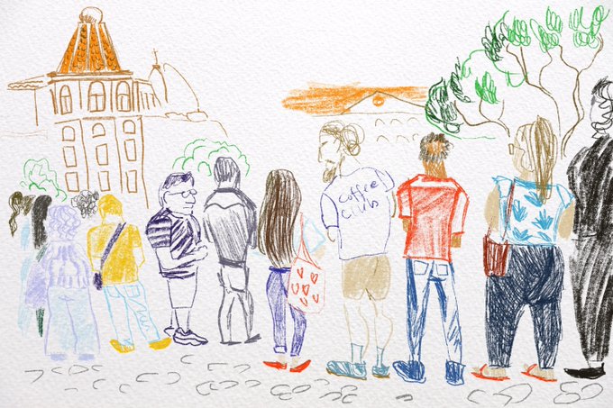A child's colored pencil drawing showing a group of people from behind, looking toward buildings and trees, with various hair colors and clothing styles rendered in crayon.