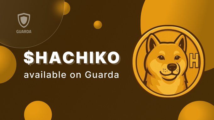 A Guarda Wallet promotional graphic announces "$HACHIKO available on Guarda," featuring the Shiba Inu dog mascot on a gold coin with an "H" symbol, alongside the Guarda shield logo and orange circular accents on a dark brown background. The image visually supports the announcement that the HACHIKO token can now be stored, sent, and managed in the non-custodial Guarda Wallet as the community surpasses 11,000 on-chain holders.