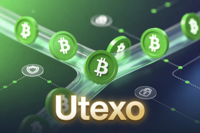 The image features a green Bitcoin logo surrounded by green Bitcoins. The text "UTEXO" is written above the Bitcoins, indicating that this is related to Bitcoin or cryptocurrency.