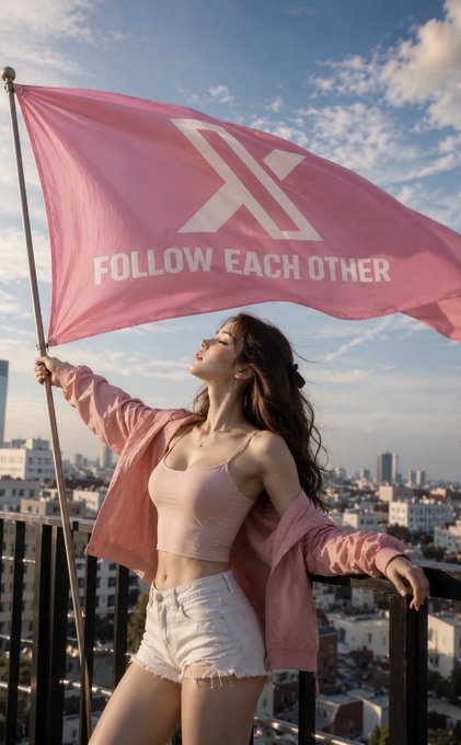 A young woman in a pink jacket and light top holding a large pink flag with the X (formerly Twitter) logo and text 'FOLLOW EACH OTHER' on a rooftop overlooking a city.
